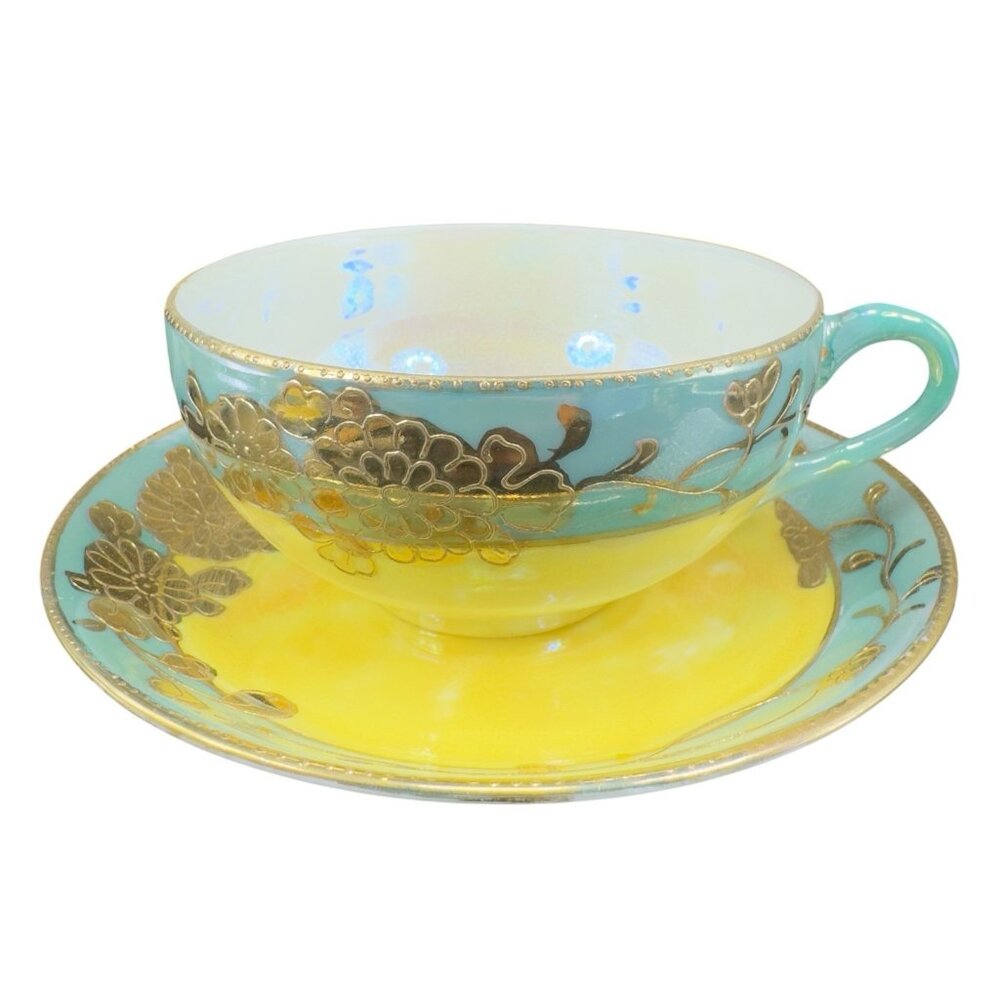 Japanese Fine Porcelain Thin Lusterware Raised Paint Finish Teacup And Saucer